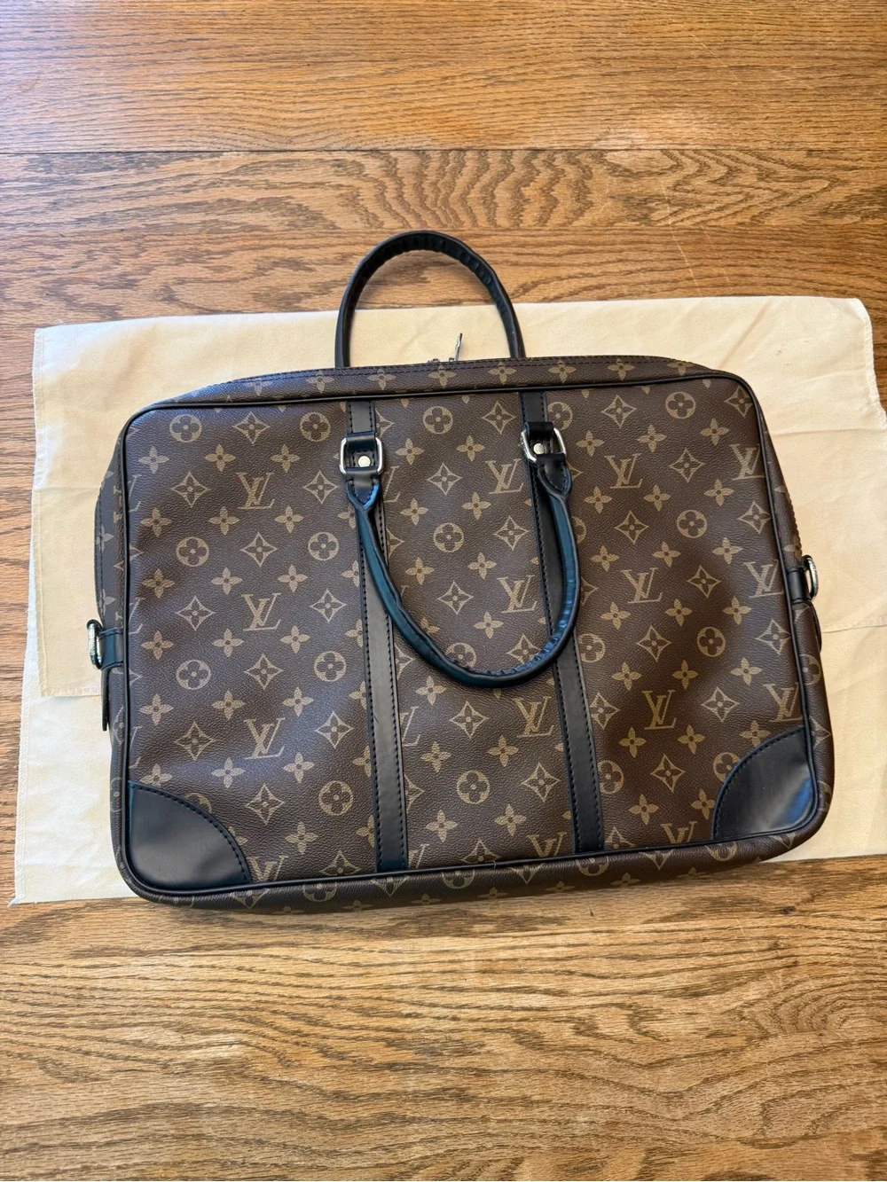 Monogram Brown Canvas Laptop Bag with Top Handles and removable strap